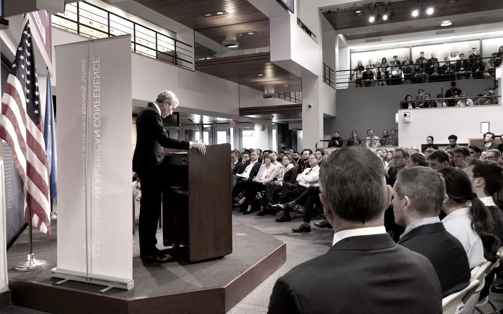 Stephan Harbarth, President of the Federal Constitutional Court, speaking at the German American Conference 2024 in the John F. Kennedy Jr. Forum at Harvard Kennedy School, in front of a full audience